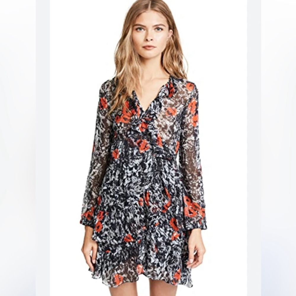 IRO Vilia Printed Wrap Mini Dress W/ Ruffled Trim In Black/Red Sz 38